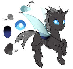 Size: 1570x1503 | Tagged: safe, artist:askbubblelee, oc, oc only, oc:imago, changeling, changeling oc, curved horn, cute, fangs, female, horn, looking at you, mare, raised hoof, reference sheet, simple background, solo, white background