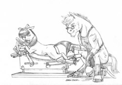 Size: 1500x1048 | Tagged: safe, artist:baron engel, apple bloom, oc, oc:glowing coals, earth pony, pony, g4, farrier, female, horseshoes, male, monochrome, pencil drawing, stallion, story in the source, traditional art