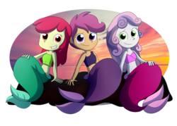 Size: 1654x1185 | Tagged: safe, artist:fj-c, apple bloom, scootaloo, sweetie belle, mermaid, equestria girls, g4, bandeau, belly button, chicken of the sea, cutie mark crusaders, female, mermaidized, midriff, sunset, trio, trio female