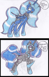Size: 1549x2400 | Tagged: safe, artist:cuddlelamb, nightmare moon, princess luna, alicorn, pony, g4, armor, colored pencil drawing, dialogue, digimon, digivolution, ear fluff, ethereal mane, female, mare, simple background, speech bubble, starry mane, traditional art, transformation, white background
