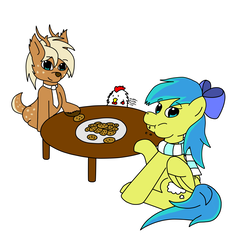Size: 2500x2500 | Tagged: artist needed, safe, oc, oc only, oc:annapone, oc:deeraw, chicken, deer, pegasus, pony, bow, clothes, cookie, eating, food, high res, necktie, scarf, simple background, sitting, table, white background