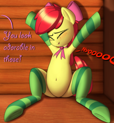 Size: 2778x3000 | Tagged: safe, artist:january3rd, apple bloom, pony, g4, adorabloom, armpits, belly button, blatant lies, blushing, clothes, cute, eyes closed, female, high res, offscreen character, older, socks, solo, stretching, striped socks, underhoof