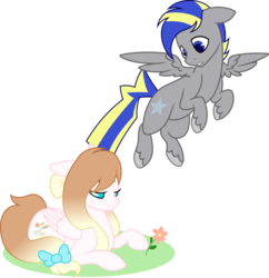 Size: 1024x1056 | Tagged: safe, artist:kevinerino, oc, oc only, oc:angelic shield, oc:silverstar, pegasus, pony, bow, female, flower, flying, male, mare, prone, stallion, tail bow