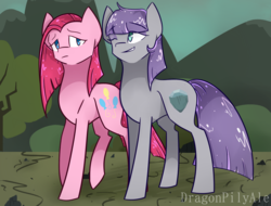 Size: 1381x1049 | Tagged: safe, artist:dragonpilyale, idw, maud pie, pinkie pie, earth pony, pony, g4, reflections, alternate universe, dark mirror universe, one eye closed, pinkamena diane pie, rock farm, walking, wink