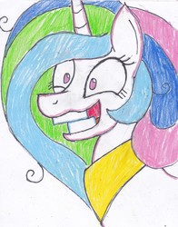 Size: 2417x3079 | Tagged: safe, artist:cuddlelamb, princess celestia, alicorn, pony, g4, bust, female, grin, high res, insanity, messy mane, portrait, simple background, smiling, snaplestia, solo, stressed, traditional art, white background, wide eyes