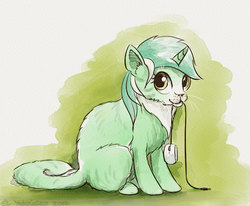 Size: 846x697 | Tagged: safe, artist:el-yeguero, lyra heartstrings, cat, cat pony, original species, g4, catified, computer mouse, female, mouth hold, simple background, sitting, solo, species swap