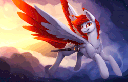 Size: 700x452 | Tagged: safe, artist:rodrigues404, oc, oc only, pegasus, pony, animated, cinemagraph, colored wings, commission, flying, gif, looking at you, multicolored wings, solo, spread wings, sword, weapon, wings
