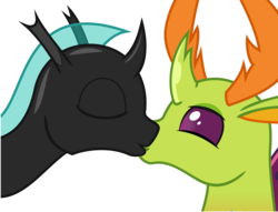 Size: 2700x2067 | Tagged: safe, artist:derphed, thorax, oc, oc:steel crescent, changedling, changeling, g4, canon x oc, changeling oc, duo, gay, high res, husbando, king thorax, kiss on the lips, kissing, male, request, shipping, simple background, transparent background