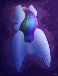 Size: 2000x2599 | Tagged: safe, artist:spirit-dude, rainbow dash, pegasus, pony, g4, female, high res, mare, rain, rear view, signature, solo