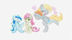 Size: 640x359 | Tagged: safe, derpy hooves, minuette, roseluck, pegasus, pony, g4, female, food, heart, mare, muffin, shrug, traditional art