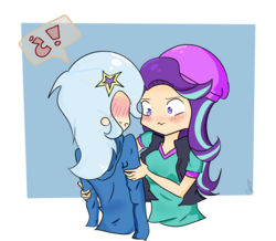 Size: 1281x1119 | Tagged: safe, artist:noahther, starlight glimmer, trixie, human, equestria girls, g4, beanie, blushing, clothes, cute, exclamation point, female, hairpin, hat, human coloration, lesbian, question mark, ship:startrix, shipping