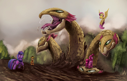 Size: 1983x1267 | Tagged: safe, artist:insanerobocat, applejack, fluttershy, pinkie pie, twilight sparkle, earth pony, hydra, pegasus, pony, unicorn, feeling pinkie keen, g4, butt, female, froggy bottom bog, hooves on mouth, mare, mud, multiple heads, oh crap, open mouth, plot, standing on head