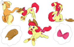 Size: 1700x1080 | Tagged: safe, artist:phuocthiencreation, apple bloom, applejack, earth pony, pony, g4, apple bloom's bow, applejack's hat, bow, cowboy hat, hair bow, handing over, hat, older, tail bow