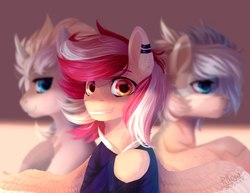 Size: 1796x1385 | Tagged: safe, artist:graypillow, oc, oc only, pegasus, pony, blue eyes, blurry, ear piercing, frown, looking at you, piercing, smiling, trio