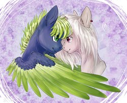 Size: 1268x1024 | Tagged: safe, artist:graypillow, oc, oc only, pegasus, pony, unicorn, ear fluff, ear piercing, eye contact, female, green eyes, hug, looking at each other, male, nuzzling, piercing, purple eyes, shipping, straight, winghug