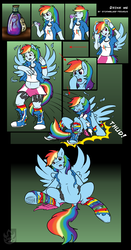 Size: 2540x4850 | Tagged: safe, artist:stormblaze-pegasus, rainbow dash, human, pegasus, pony, equestria girls, g4, alice in wonderland, belly button, boop, boots, bracelet, clothes, comic, compression shorts, dock, drink me, elixir, female, gradient background, gritted teeth, high res, human female, human to pony, mare, midriff, parody, pony ears, ponytail, rainbow socks, ripping clothes, self-boop, sitting, skirt, skirt lift, socks, striped socks, teeth, torn clothes, transformation, underhoof, wings, wristband