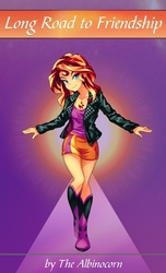 Size: 621x1024 | Tagged: safe, artist:semehammer, edit, sunset shimmer, fanfic:long road to friendship, equestria girls, g4, boots, clothes, fanfic, fanfic art, fanfic cover, female, high heel boots, jacket, leather jacket, looking at you, skirt, solo