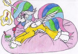 Size: 3027x2117 | Tagged: safe, artist:cuddlelamb, princess celestia, alicorn, pony, g4, bathrobe, bed, bell, candle, clothes, female, floppy ears, food, high res, ice cream, lazy, magic, prone, robe, sick, sicklestia, simple background, solo, spots, telekinesis, thermometer, traditional art, uselesstia, white background