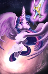 Size: 4400x6800 | Tagged: safe, artist:althyra-nex, part of a set, twilight sparkle, alicorn, pony, g4, absurd resolution, armpits, clothes, female, flying, knights of harmony, magic, part of a series, solo, space, sword, telekinesis, twilight sparkle (alicorn), weapon