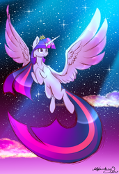Size: 1024x1500 | Tagged: dead source, safe, artist:themagicfantasy, twilight sparkle, alicorn, pony, g4, beautiful, cloud, female, flying, solo, starry night, stars, twilight (astronomy), twilight at twilight, twilight sparkle (alicorn)