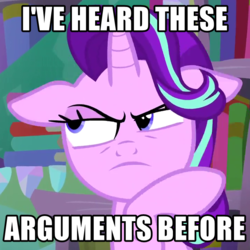 Size: 720x720 | Tagged: safe, edit, edited screencap, screencap, starlight glimmer, g4, the crystalling, caption, cropped, female, floppy ears, image macro, meme, reaction image, solo