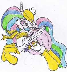 Size: 1961x2086 | Tagged: safe, artist:cuddlelamb, princess celestia, alicorn, pony, g4, beanie, clothes, diaper, ear fluff, female, floppy ears, hat, non-baby in diaper, poofy diaper, scarf, simple background, socks, solo, traditional art, white background, winter outfit