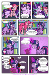 Size: 1024x1536 | Tagged: safe, artist:yogfan, pinkie pie, starlight glimmer, twilight sparkle, alicorn, pony, comic:but i do now, g4, book, comic, magic, swirly eyes, twilight sparkle (alicorn), twilight's castle