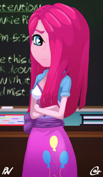 Size: 1461x2512 | Tagged: safe, artist:oatmeal, artist:pixel's workstation, pinkie pie, equestria girls, g4, balloon, book, chalk, chalkboard, classroom, clothes, crossed arms, detention, female, hair over one eye, jacket, looking at you, pinkamena diane pie, sad, skirt, solo