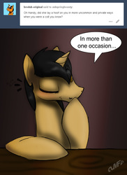 Size: 1091x1500 | Tagged: safe, artist:miniferu, oc, oc only, oc:handy hoofs, pony, unicorn, ask, male, solo, tumblr