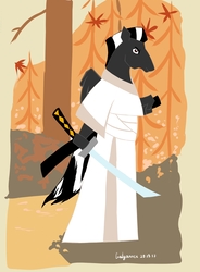 Size: 2207x3000 | Tagged: safe, artist:galgannet, oc, oc only, oc:ruhig fortepiano, anthro, crossover, high res, katana, samurai jack, samurai jack (character), solo, sword, weapon