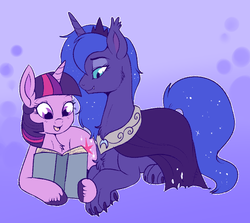 Size: 900x804 | Tagged: safe, artist:lulubell, princess luna, twilight sparkle, alicorn, pony, unicorn, g4, beauty and the beast, crossover, female, lesbian, reading, ship:twiluna, shipping