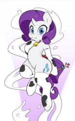 Size: 1135x1827 | Tagged: safe, artist:zoarity, rarity, cow, pony, unicorn, semi-anthro, g4, bell, belly, clothes, cowbell, cowprint, featureless crotch, female, magical girl, mare, milk, raricow, socks, solo, species swap, wand