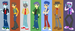 Size: 1572x652 | Tagged: safe, artist:owletbrigthness, braeburn, caramel, comet tail, flash sentry, pokey pierce, soarin', thunderlane, equestria girls, friendship through the ages, g4, equestria girls-ified