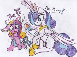 Size: 3047x2262 | Tagged: safe, artist:cuddlelamb, princess cadance, princess flurry heart, shining armor, alicorn, pony, unicorn, g4, accessory swap, adult, age progression, age regression, age swap, baby, baby bottle, baby talk, blushing, chest fluff, diaper, doll, dollified, ear fluff, female, filly, floppy ears, high res, inanimate tf, jewelry, magic, mother and daughter, older, older flurry heart, open mouth, plushie, regalia, role reversal, shrunk, simple background, surprised, sweatdrop, telekinesis, traditional art, transformation, white background, younger