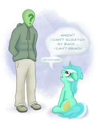 Size: 1081x1398 | Tagged: safe, artist:adequality, artist:mostazathy, lyra heartstrings, oc, oc:anon, human, pony, unicorn, g4, behaving like a cat, cute, duo, female, floppy ears, frown, hand, horse problems, looking up, lyra doing lyra things, lyrabetes, mare, open mouth, scratching, simple background, that pony sure does love hands, white background