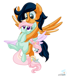 Size: 1464x1659 | Tagged: safe, artist:iheartjapan789, oc, oc only, pegasus, pony, duo, female, holding, mare, simple background, smiling, spread wings, transparent background, wings