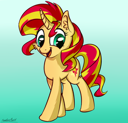 Size: 1031x992 | Tagged: safe, artist:sentireaeris, sunset shimmer, pony, unicorn, g4, curved horn, cute, ear fluff, female, happy, horn, mare, open mouth, shimmerbetes, signature, simple background, smiling, solo