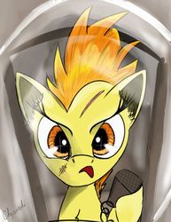 Size: 556x720 | Tagged: safe, artist:chopsticks, spitfire, pegasus, pony, g4, battle scarred, female, mare, radio, solo