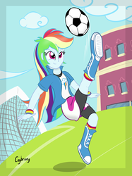 Size: 1936x2592 | Tagged: safe, artist:thebrokencog, rainbow dash, equestria girls, g4, 2013, ball, boots, clothes, compression shorts, cute, female, field, football, goal, playing, shorts, skirt, skirt lift, socks, solo, thighs