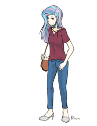 Size: 850x1100 | Tagged: safe, artist:kprovido, princess celestia, human, g4, bag, clothes, female, high heels, humanized, looking at you, multicolored hair, pants, simple background, solo, standing, transparent background