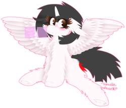 Size: 1024x875 | Tagged: safe, artist:vanillaswirl6, oc, oc only, oc:bella, alicorn, pony, alicorn oc, blushing, brown eyes, cheek fluff, chest fluff, chibi, colored eyelashes, cute, cutie mark, ear fluff, female, floppy ears, fluffy, glasses, looking at you, messy mane, mouth hold, no pupils, scrunchy face, signature, simple background, sitting, solo, spread wings, transparent background, underhoof, wing fluff, wings