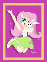 Size: 1936x2592 | Tagged: safe, artist:thebrokencog, angel bunny, fluttershy, equestria girls, g4, armpits, boots, clothes, cute, duo, high heel boots, looking at you, one eye closed, open mouth, shyabetes, simple background, skirt, smiling, socks, wink