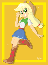 Size: 1936x2592 | Tagged: safe, artist:thebrokencog, applejack, equestria girls, g4, boots, clothes, cowboy boots, cowboy hat, cute, denim skirt, female, freckles, girly, grin, happy, hat, jackabetes, raised leg, skirt, smiling, solo, sparkles, stetson
