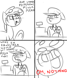 Size: 600x700 | Tagged: safe, artist:provolonepone, derpibooru exclusive, oc, oc only, oc:peetzer, food pony, original species, pizza pony, cashier, comic, comic strip, dialogue, duo, food, implied cannibalism, implying, pizza