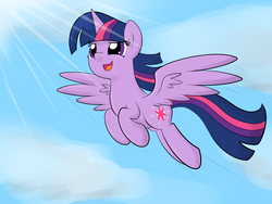 Size: 1024x768 | Tagged: safe, artist:thebrokencog, twilight sparkle, alicorn, pony, g4, female, flying, sky, smiling, solo, twilight sparkle (alicorn)