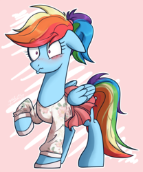 Size: 1090x1308 | Tagged: safe, artist:nolycs, rainbow dash, pony, g4, alternate hairstyle, blushing, clothes, commission, cute, dashabetes, female, mare, moe, pleated skirt, ponytail, rainbow dash always dresses in style, skirt, skirt lift, solo