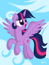 Size: 1936x2592 | Tagged: safe, artist:thebrokencog, twilight sparkle, alicorn, pony, g4, cloud, eyelashes, female, flying, mare, open mouth, open smile, sky, smiling, solo, spread wings, twilight sparkle (alicorn), wings