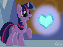 Size: 2592x1936 | Tagged: safe, artist:thebrokencog, twilight sparkle, pony, unicorn, g4, my little pony: friendship is magic, the crystal empire, crystal heart, cute, eyes on the prize, female, glowing, happy, open mouth, raised hoof, smiling, solo