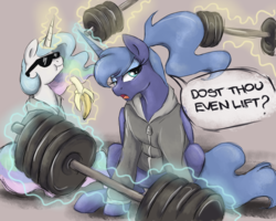 Size: 2500x2000 | Tagged: safe, artist:buttersprinkle, princess celestia, princess luna, alicorn, pony, g4, :t, alternate hairstyle, banana, bananalestia, barbell, cheating, clothes, dialogue, do you even lift, duo, duo female, female, food, high res, hoodie, levitation, lidded eyes, lifting, magic, mare, meme, open mouth, ponytail, royal sisters, s1 luna, sunglasses, telekinesis, weights, ye olde butcherede englishe, you're such a cheater bro