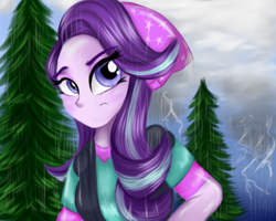 Size: 2000x1600 | Tagged: safe, artist:lcpegasister75, starlight glimmer, equestria girls, g4, beanie, clothes, female, hat, lightning, rain, solo, tree